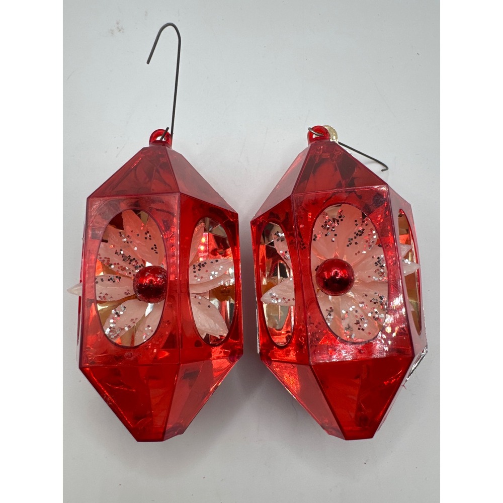 Vintage Jewelbrite Unbreakable Christmas Hexagonal Flower Ornaments Red Set of 2
